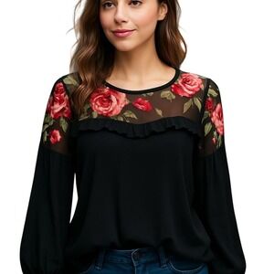 Thalia Sodi Floral Embroidered Mesh Top Ruffle Trim Long Sleeve Black L/G Nwot